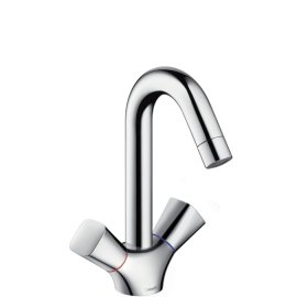 Praustuvo maišytuvas HANSGROHE Logis 150, su 2 rankenėlėm, sukiojamu snapeliu ir dugno vožtuvu
