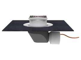 Įlaja horizontali DN75/110 su bituminiu flanšu, drenažiniu žiedeliu,  trapu viršuje: 148x148mm/ 137x137mm ir integruotu el. šildymo kabeliu (10-30W, 220V)