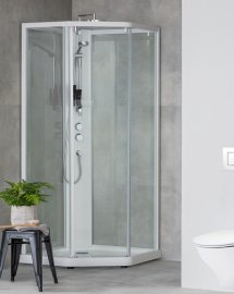 Penkiakampis dušo boksas Contura Group Showerama 90x90 cm, baltais profiliais, priekiniai stiklai skaidrūs, galinis stiklas matinis