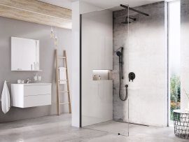 Stacionari dušo sienelė Ravak Walk in Wall 70 cm, juodu profiliu, skaidriu stiklu, su laikikliu komplekte