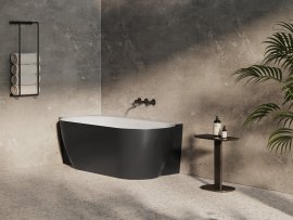 Vonia Ravak Freedom Corner II Tec 1750x860, kairės pusės, juodos spalvos, su sifonu ir baltu, juodu, chromo spalvos dangteliais