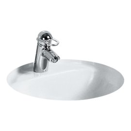Iš apačios montuojamas praustuvas Laufen Fiora, matmenys: 440x440x205mm, su vieta maišytuvui, su nušlifuota viršutine briauna