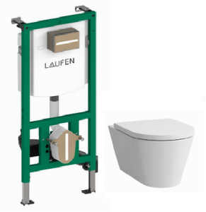 Komplektas LAUFEN Kartell: Pakabinamas unitazas LAUFEN Kartell Rimless Silent Flush (21331) su dangčiu softclose (91333) ir potinkinis rėmas INEO (20115)