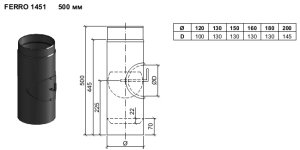 Vienasienis juodo plieno dūmtraukis su užsklanda ir anga valymui JEREMIAS Ferro1451 Dn120x0,5m