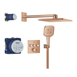 Potinkinis termostatinis dušo komplektas Grohe Smartcontrol su kvadratine galva 310, metalinė žarna rausvo aukso spalva