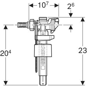 Vandens pripildymo mechanizmas Geberit 383 keraminiam WC bakeliui,  šoninis pajungimas, 3/8" ir 1/2", žalvarinis sriegis