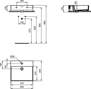 Praustuvas Ideal Standard Extra, matmenys: 500x450x125mm, montuojamas ant stalviršio (šlifuota apačia) arba ant sienos