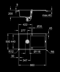 Plautuvė GROHE K500U 50C 860x500 uždedama, granito juoda spalva