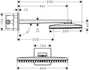 Dušo galva su laikikliu iš sienos AXOR ShowerSolutions, 460/300 3jet, šlifuoto juodo chromo spalvos (Brushed Black Chrome)