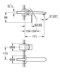 Praustuvo maišytuvas iš sienos GROHE Eurostyle Cosmo S dydis, 171 mm, 2 skylės, chromo spalvos 
