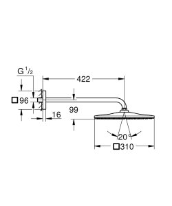 Dušo galva iš sienos Mono Cube 310 su laikikliu 422mm 9,5l matinė aukso spalva