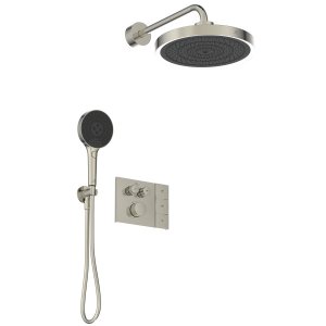 Dušo sistema IDEAL STANDARD Ceratherm Navigo Solos, 300mm dušo galva, 3 funkcijos, 400mm dušo alkūnė, apšvietimas, šlifuotas sidabras (silver storm)