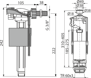 Vandens nuleidimo ir šoninio pripildymo mechanizmo komplektas Alcadrain SA2000K 3/8" CHROM, su STOP mygtuku
