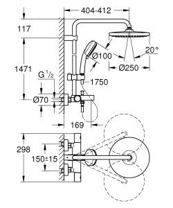 Sistema dušo su termostatiniu vonios maišytuvu Grohe Tempesta 250 1471mm