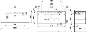 Spintelė su praustuvu Laufen PRO S 1200x500x545 mm, plonas "slim" praustuvas, 2 stalčiai,  spintelės spalva - balta matinė