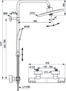 Sistema dušo Ideal Standard Ceratherm T25+, lietaus galva Ø260, rankinis dušas 100mm 2 srovių, 1750mm dušo žarna, spalva - juoda matinė