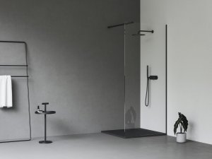 Stacionari dušo sienelė Ravak Walk in Wall 80 cm, juodu profiliu, skaidriu stiklu, su laikikliu komplekte
