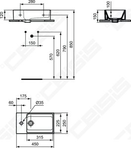 Asimetrinis praustuvas Ideal Standard Extra 450x250, maišytuvo skylė kairėje