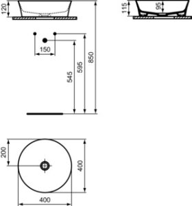 Praustuvas-dubuo Ideal Standard Ipalyss Round, matmenys 400x400x120mm, su keraminiu dugno vožtuvu, spalva - juoda blizgi