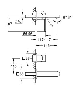Praustuvo maišytuvas iš sienos GROHE Plus, 2 dalių, 147 mm ilgio, chromo spalvos 