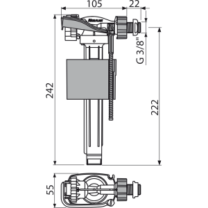 Šoninio vandens pripildymo mechanizmas Alcadrain A160P-3/8", potinkiniam WC rėmui, su metaliniu sriegiu