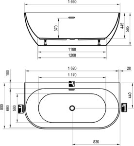 Vonia Ravak Freedom W 166x80 cm, juodos spalvos sifonu ir perpylimo dangteliu