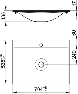 Praustuvas keraminis Edition11 705x538mm, 1 skylė maišytuvui