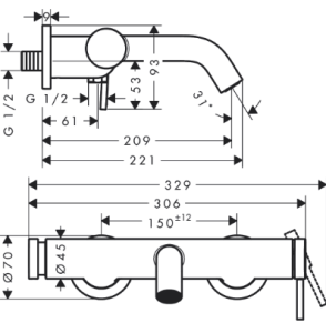 Vonios/dušo maišytuvas HANSGROHE Tecturis S, spalva - chromo (chrome)