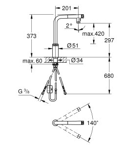 Plautuvės maišytuvas GROHE Minta SmartControl L formos, su ištraukiama žarna, chromo spalvos 