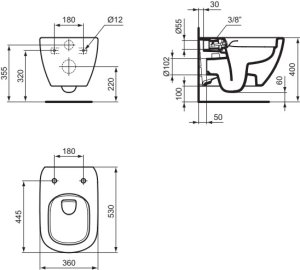 Unitazas Ideal Standard Tesi, rimless vandens nuleidimo technologija, bidette funkcija