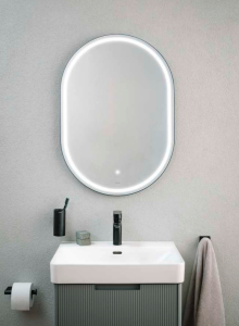 Veidrodis Laufen Base2.0, matmenys: 600x30x850mm, su perimetro LED apšvietimu, matinės juodos spalvos aliuminio rėmas