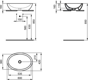 Praustuvas-dubuo Ideal Standard Strada Oval, matmenys 600x420mm, juodas matinis