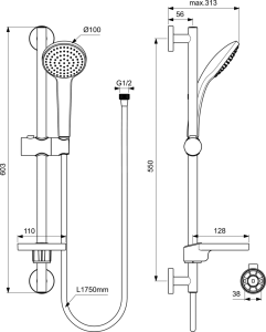 Dušo komplektas Ideal Standard IdealrainSoft. Komplekte: dušo galva 100mm, stovas 600mm, žarna 1750mm, muilinė skaidraus plastiko