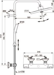 Sistema dušo Ideal Standard Ceratherm T25+, lietaus galva Ø260, rankinis dušas 100mm 2 srovių, 1750mm dušo žarna
