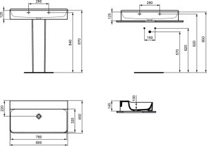 Praustuvas Ideal Standard Conca, matmenys: 800x450x125 mm, be skylės maišytuvui