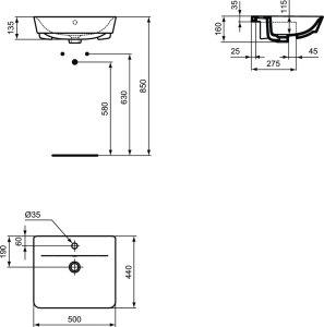 Praustuvas Ideal Standard Connect Air 50 x 44 cm, pusiau įleidžiamas