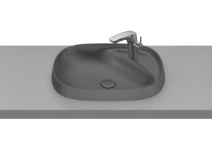 Pusiau įleidžiamas praustuvas iš FINECERAMIC ROCA Beyond, matmenys 585x455x160, maišytuvas dešinėje, be perlajos, spalva onyx