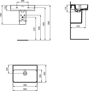 Praustuvas Ideal Standard Strada II, matmenys 600x430x170mm, be skylės maišytuvui