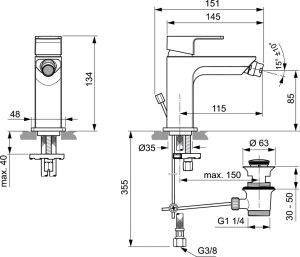 Maišytuvas bidė Ideal Standard Edge, su dugno vožtuvu, chromas