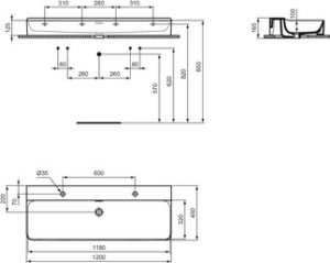 Praustuvas Ideal Standard Conca, 1200x450x125mm, šlifuota apačia, su 2 skylėm maišytuvui                                                                         