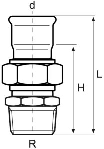 Sujungimas išardomas presuojamo nerūdijančio plieno išoriniu sriegiu 15x1/2" (AISI316)