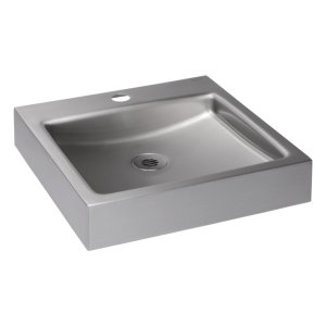 Sanela nerūdijančio plieno praustuvas, matmenys: 395x405mm, tvirtinamas prie sienos, su skyle maišytuvui, su sifonu, su tvirtinimais, matinis