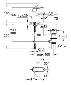 Praustuvo maišytuvas GROHE Eurosmart Cosmopolitan Eco S dydis, su dugno vožtuvu, chromo spalvos 