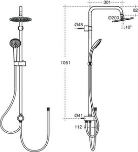 Dušo komplektas Idealrain Soft: lietaus galva Ø200, rankinis dušas Ø100, stovas 1051mm, žarna IdealFlex 1750mm
