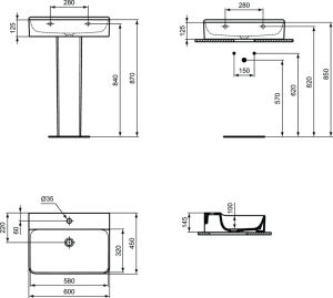 Praustuvas Ideal Standard Conca 600x450x140mm, šlifuota apačia, be persipylimo angos
