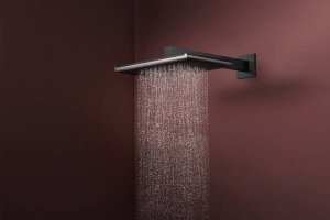 Dušo galva su laikikliu iš sienos HANSGROHE Raindance Alive Q 210/340, 2 srovių, spalva - šlifuoto juodo chromo (brushed black chrome)