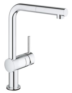 Plautuvės maišytuvas GROHE Minta Touch L formos, su ištraukiama žarna, su baterija 6V, chromo spalvos 