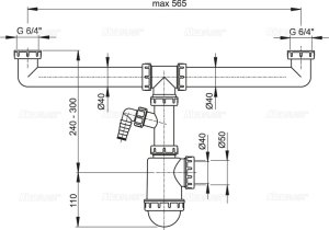 Dvigubos plautuvės sifonas Alcadrain A448P-50-40, su pajungimu skalbyklei/indaplovei 6/4" , DN50/40