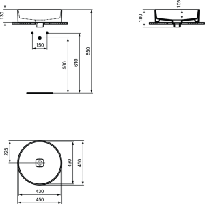 Praustuvas-dubuo Ideal Standard Strada II Round, matmenys 45x45x18, be persipylimo