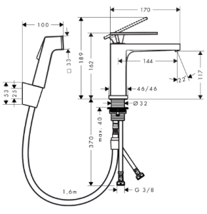 Praustuvo maišytuvas HANSGROHE Tecturis E 110 su rankiniu bidė dušeliu, 1,6 m dušo žarna, spalva - chromo (chrome)
